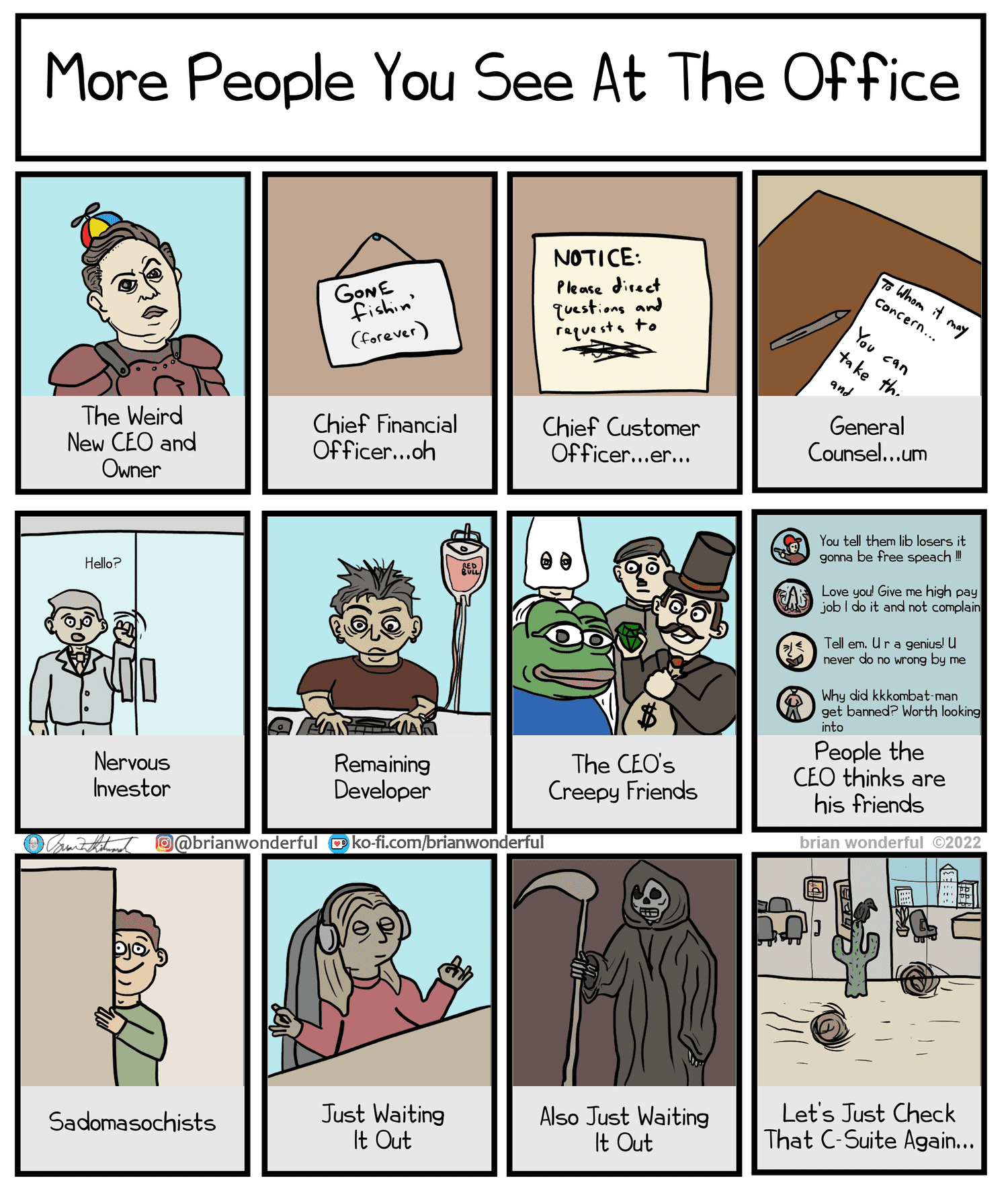 A relatable comic from Brian Wonderful showing the archetypes of a dysfunctional office, such as "Remaining Developer" and the Grim Reaper.