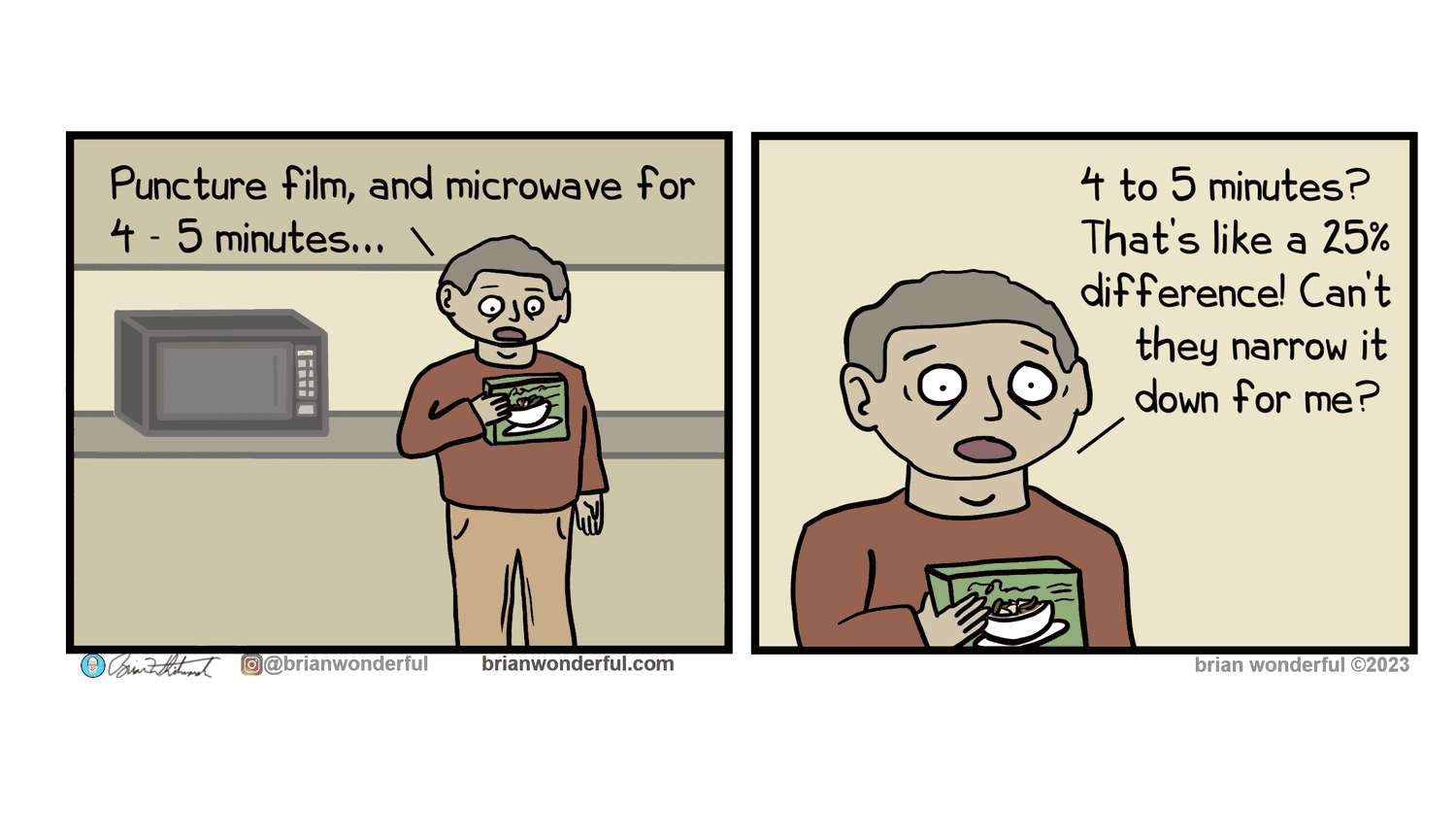 A relatable comic about the anxiety and stress caused by vague microwave instructions like "4 to 5 minutes."