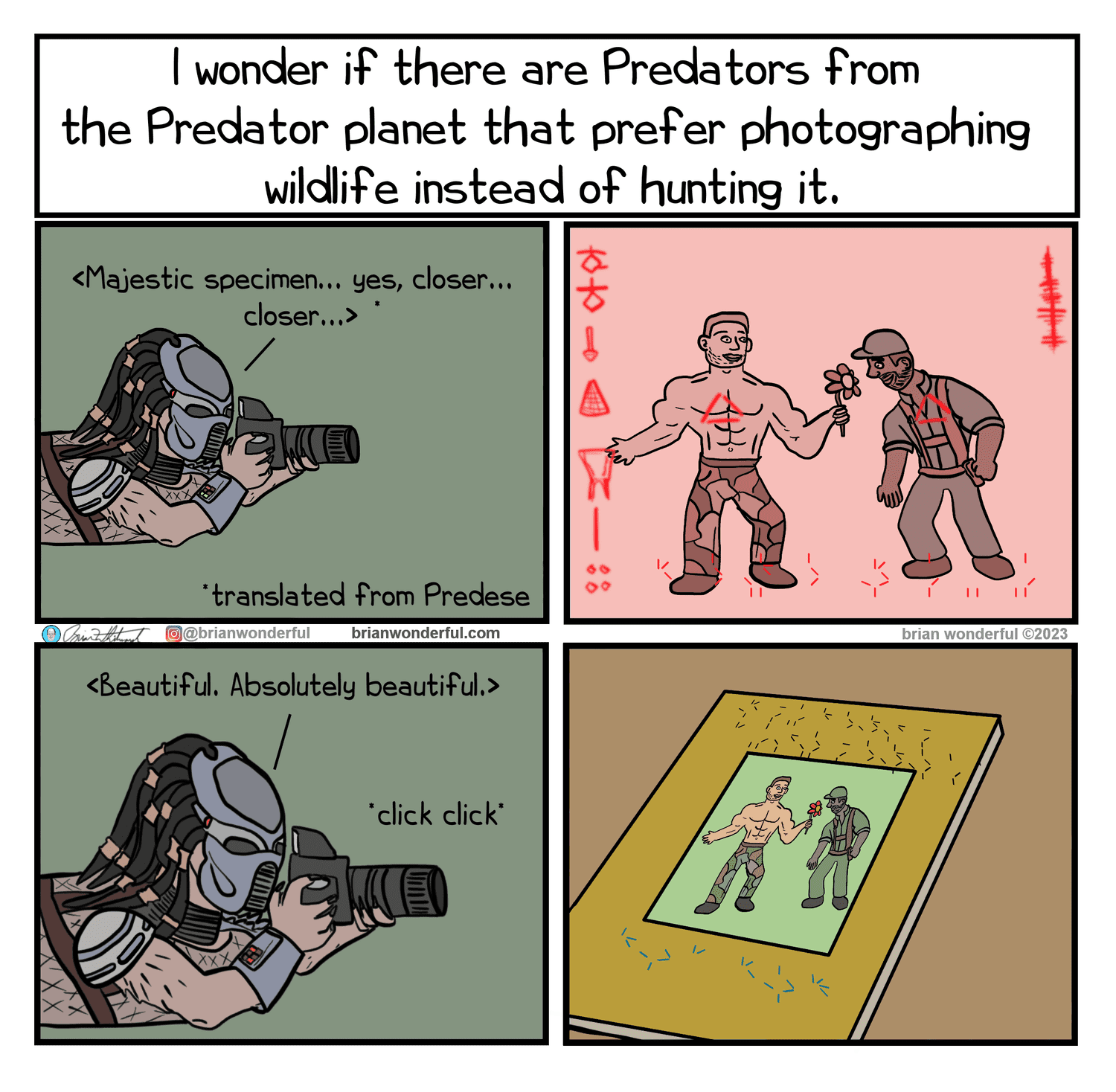 A wholesome and funny relatable comic that imagines a Predator from the movie who is a wildlife photographer instead of a hunter.