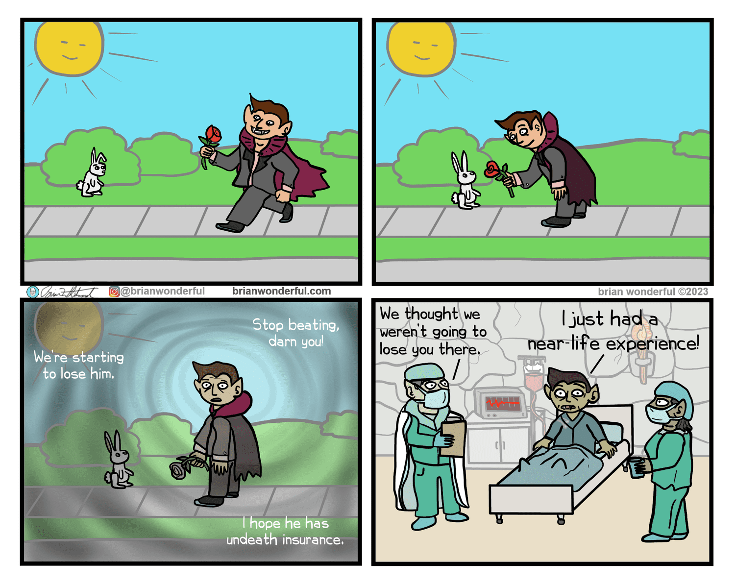 A funny relatable comic for spooky season where a vampire has a "near-life experience" after being exposed to sunlight.