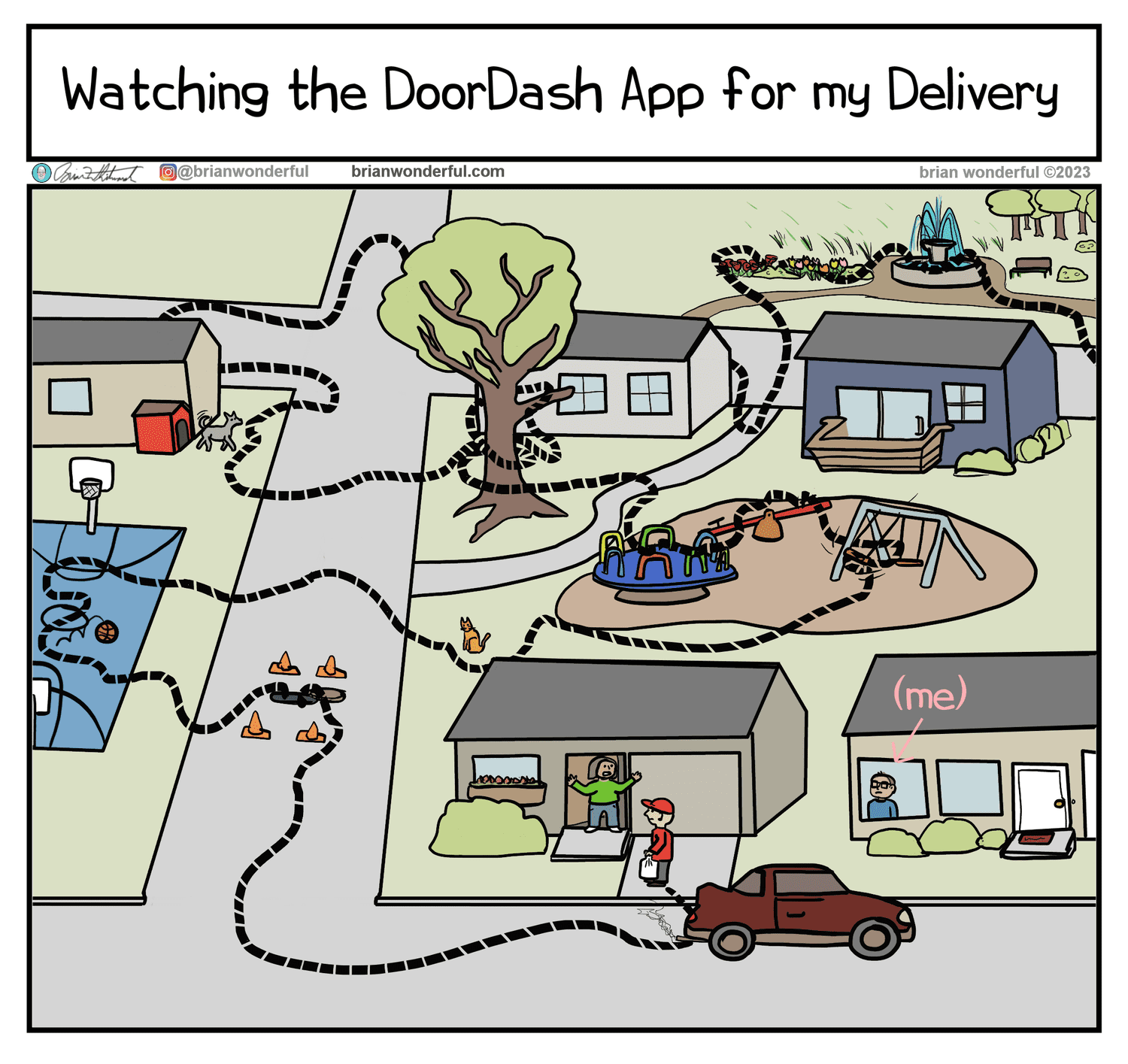 A relatable comic showing the ridiculously long and illogical path a DoorDash driver takes to deliver food.