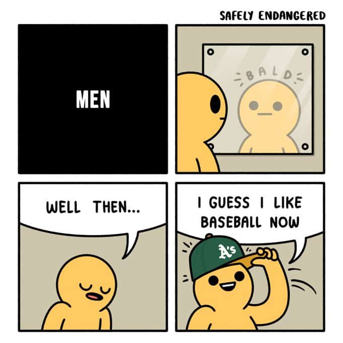 A funny comic strip about a man realizing he is going bald and immediately deciding to like baseball.