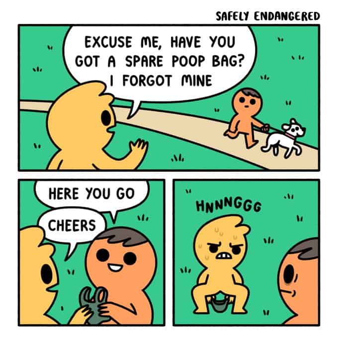 A dark humor Safely Endangered comic where a character asks for a spare poop bag and then uses it himself.