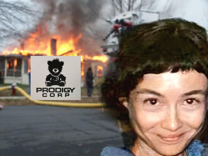 A sci-fi horror mashup meme combining the "Disaster Girl" with the movie The Prodigy.