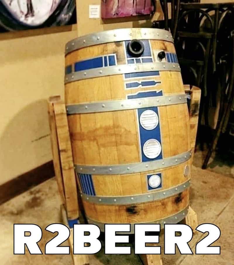 A funny Star Wars pun meme of a beer keg decorated to look like R2-D2.