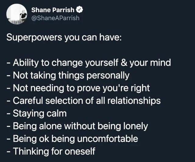 A wholesome meme tweet listing achievable "superpowers" like staying calm and not taking things personally.