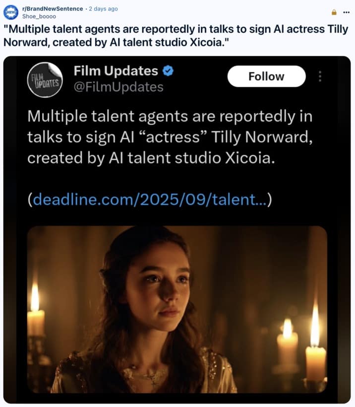 A Tilly Norwood meme showing the news about the AI actress being posted to the "Brand New Sentence" subreddit.