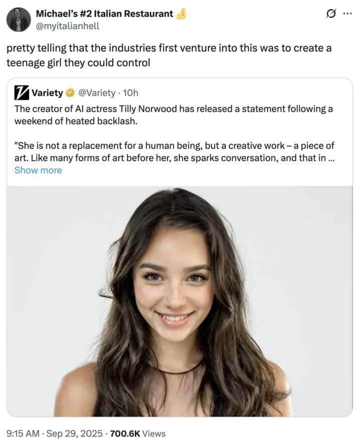 An AI actress meme tweet pointing out that it's "telling" that the first venture was to create a teenage girl they could control.