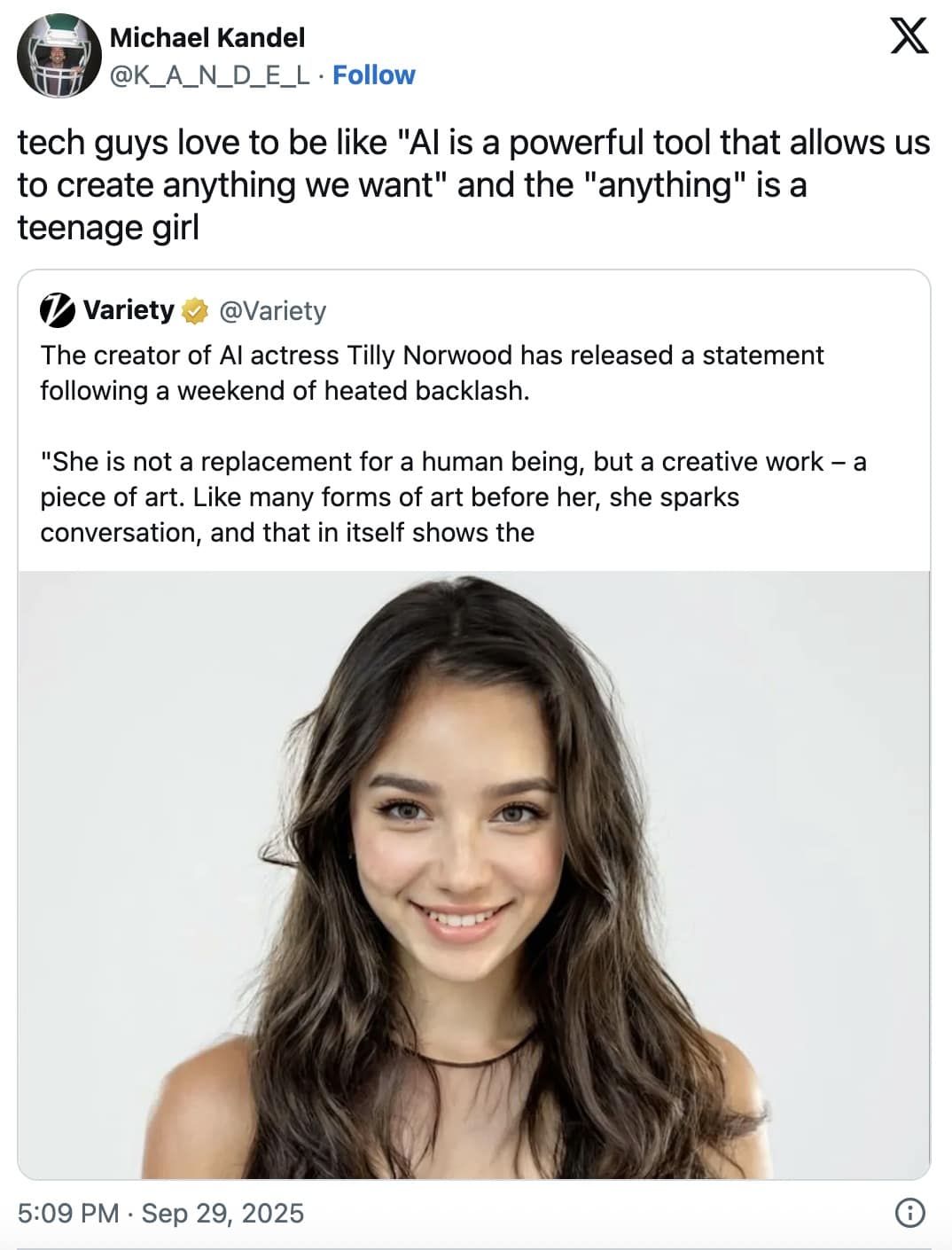 An AI actress meme that critiques tech guys for creating a "teenage girl" when they claim AI can create anything.
