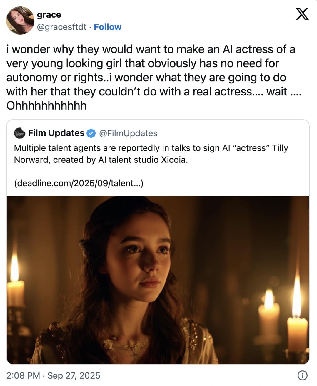 A cynical Tilly Norwood meme tweet that spells out the dark implications of creating an AI actress with "no need for autonomy or rights."