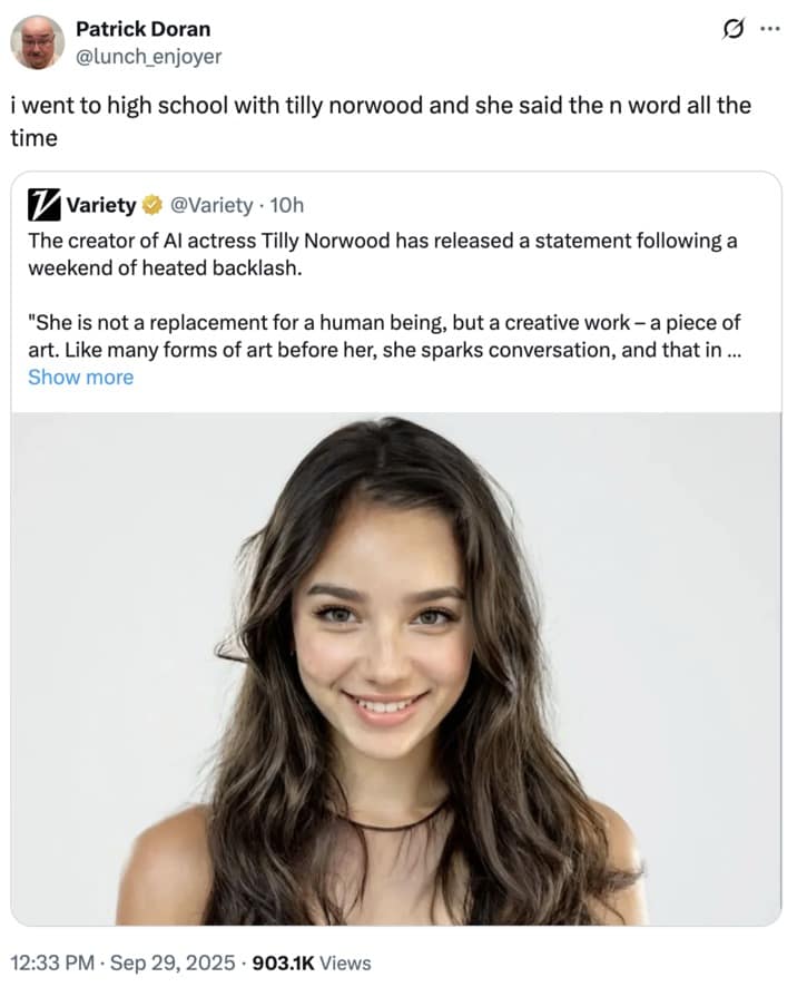 A hilarious Tilly Norwood meme parodying "cancel culture" by making up a fake problematic past for the AI actress.
