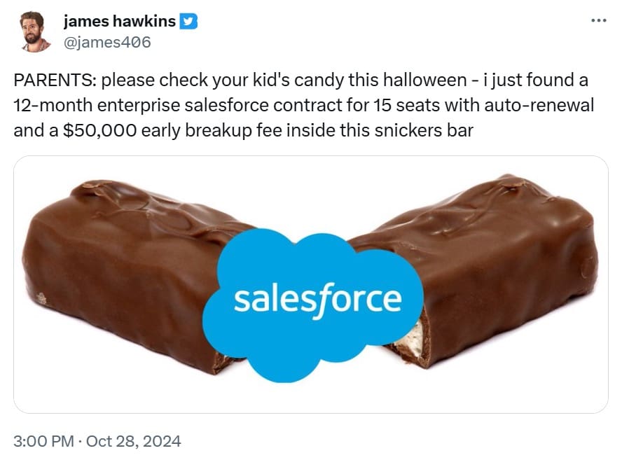 A funny 'check your candy' trick or treat meme joking about finding a 12-month Salesforce contract in a Snickers.