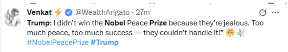 A Trump Nobel Prize meme that uses a political cartoon of him as a giant, crying baby.