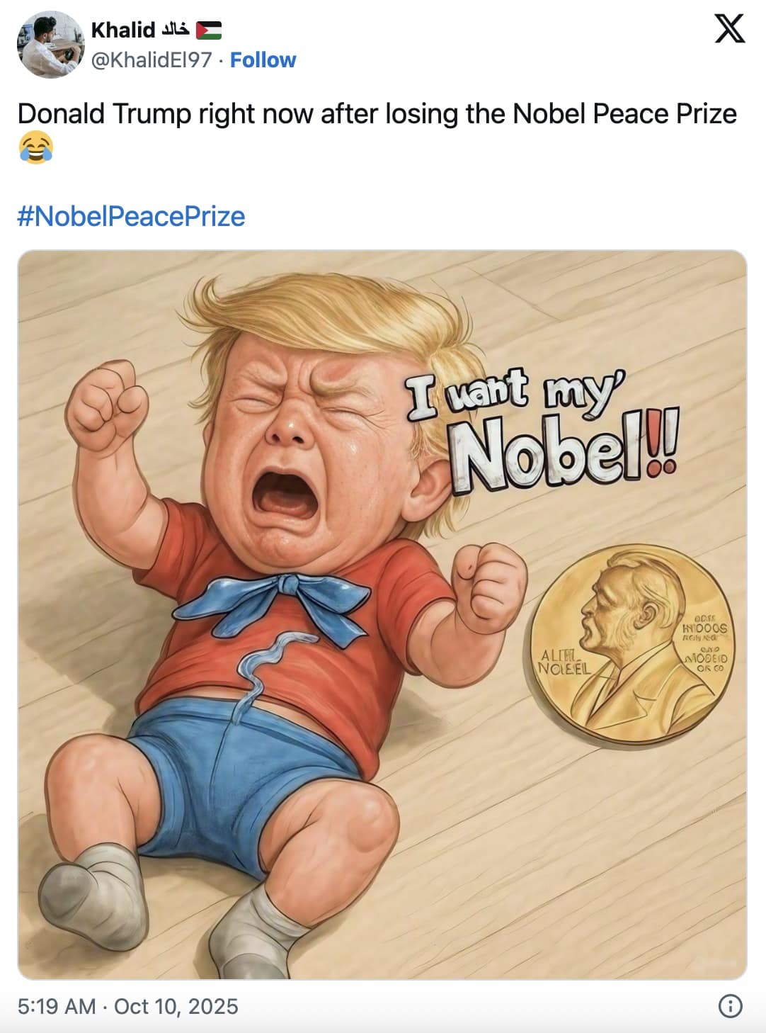 A hilarious Trump Nobel Prize meme using an AI-generated image of him crying in the rain while wearing a party hat.