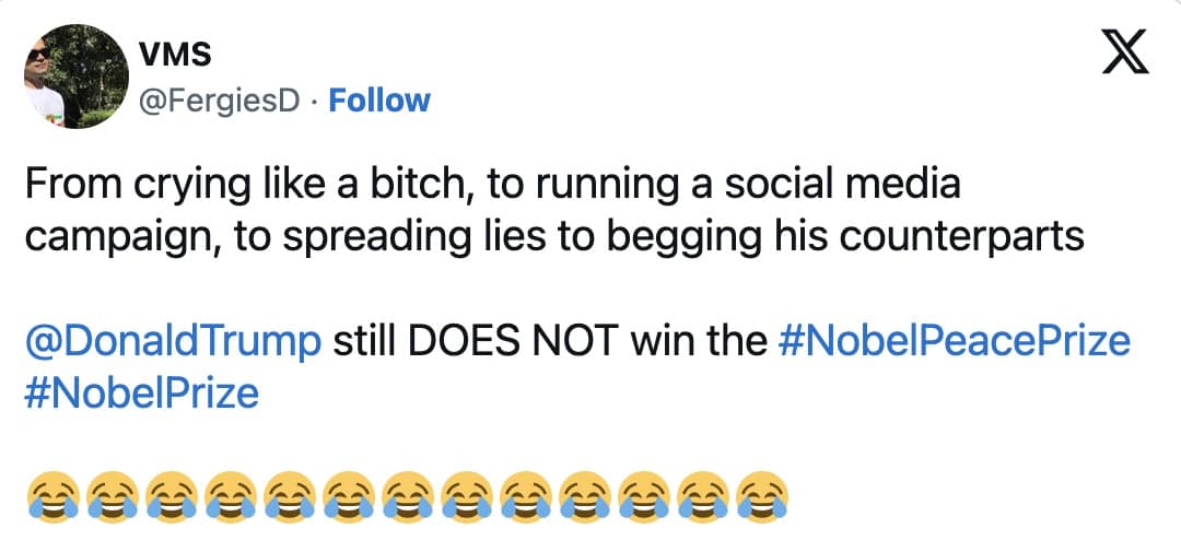 A Trump Nobel Prize meme that uses Linkin Park lyrics and a picture of a crying Trump.