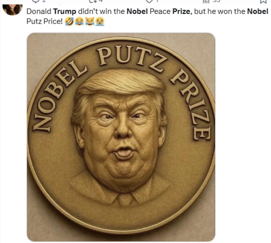 An ironic Trump Nobel Prize meme that highlights Pakistan's nomination of him for the 2026 prize