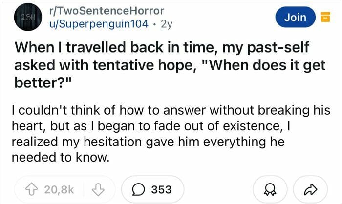 A sad and scary two sentence horror story about a time traveler whose bleak future causes a paradox.