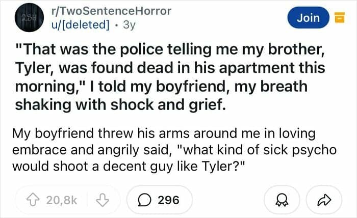 A chilling two sentence horror story where a murderer boyfriend accidentally reveals himself through one detail.