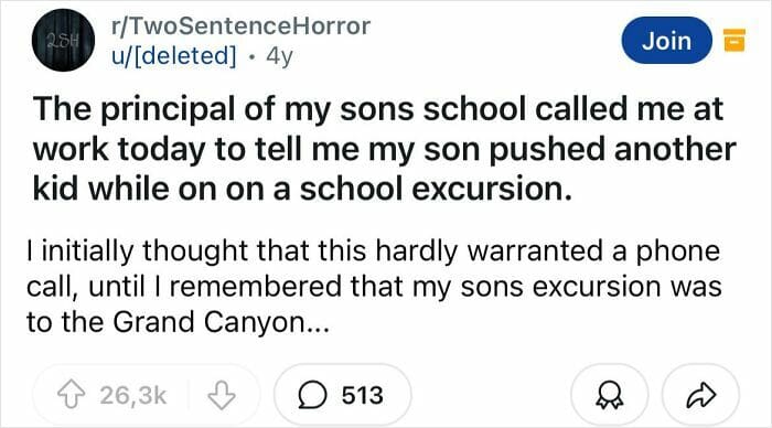 A dark humor two sentence horror story about a kid pushing another kid during a school trip to the Grand Canyon.