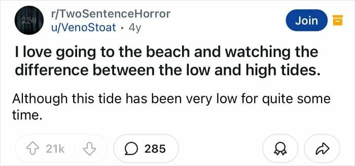 A subtle two sentence horror story that implies an impending tsunami is about to hit the beach.