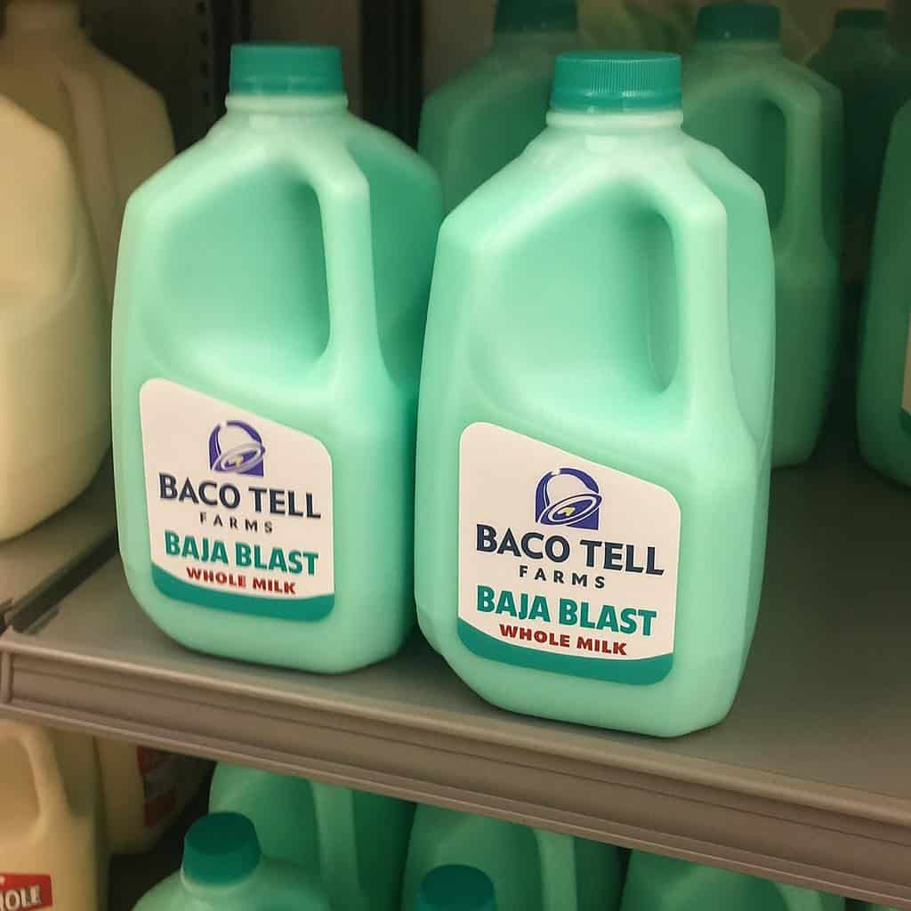 A cursed photoshopped image of jugs of bright teal, Baja Blast-flavored whole milk on a shelf.