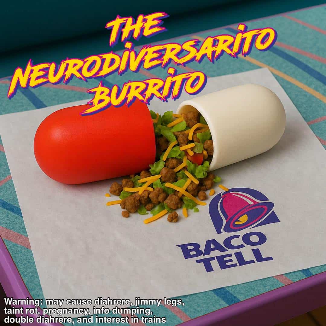 A fake ad for a "Neurodiversarito Burrito" which shows taco ingredients spilling out of a giant pill capsule.