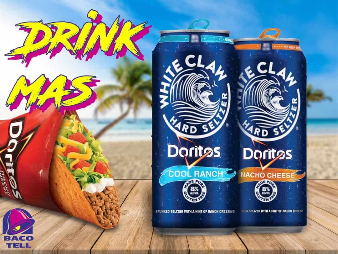 A fake ad for a cursed product idea: Doritos Nacho Cheese and Cool Ranch-flavored White Claw hard seltzer.