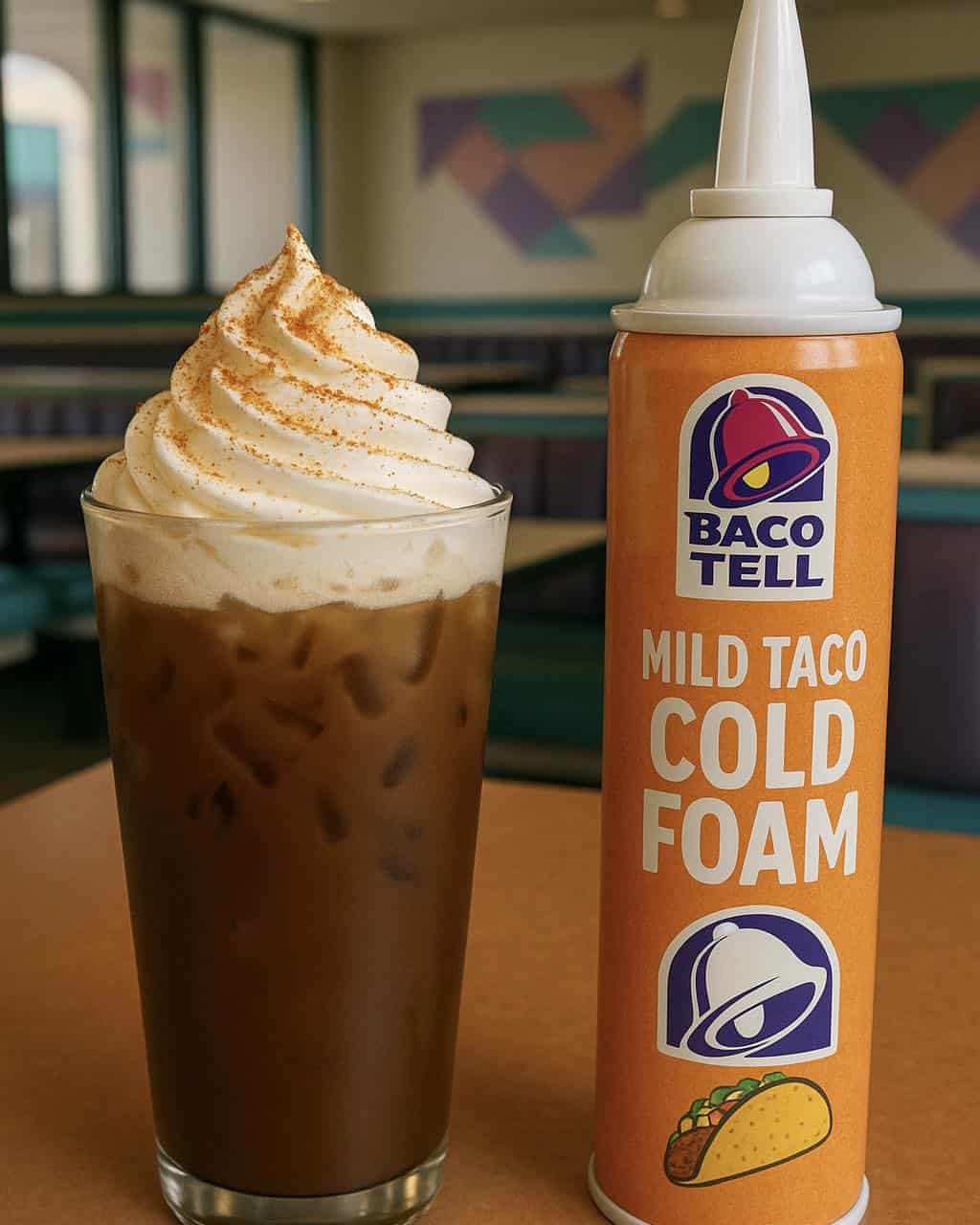 A cursed product concept for a can of "Mild Taco Cold Foam" to be used as a coffee topping.