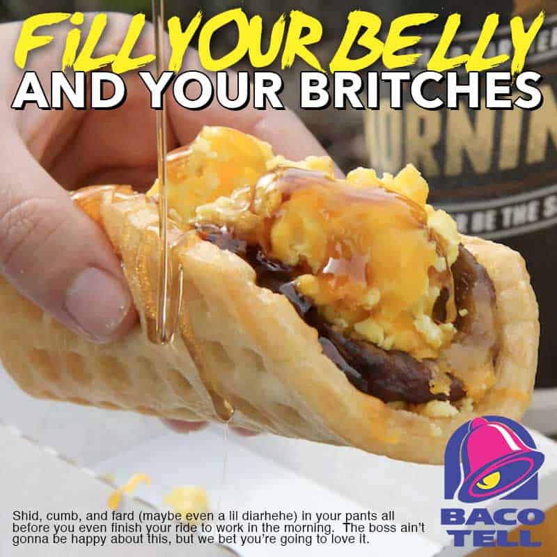 A very crude and funny fake ad for a breakfast waffle taco that makes some bold promises in the fine print.