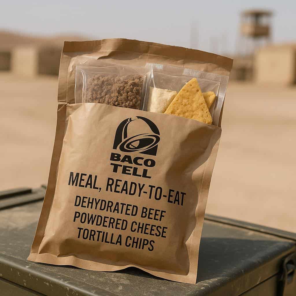 A clever fake product photo of a military-style MRE (Meal, Ready-to-Eat) with Taco Bell branding.