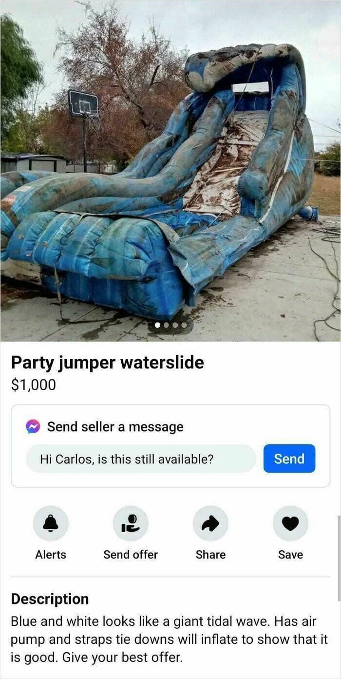 A marketplace listing for a very dirty and dilapidated inflatable party waterslide for $1,000.