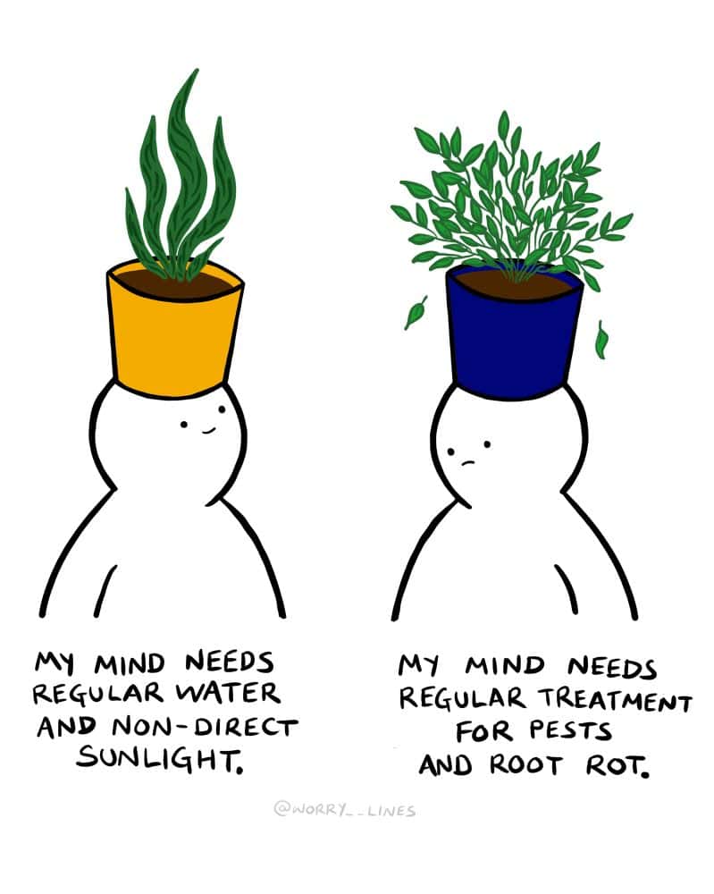 A Worry Lines Comic using houseplants as a metaphor for different mental health needs, like water versus pest treatment.
