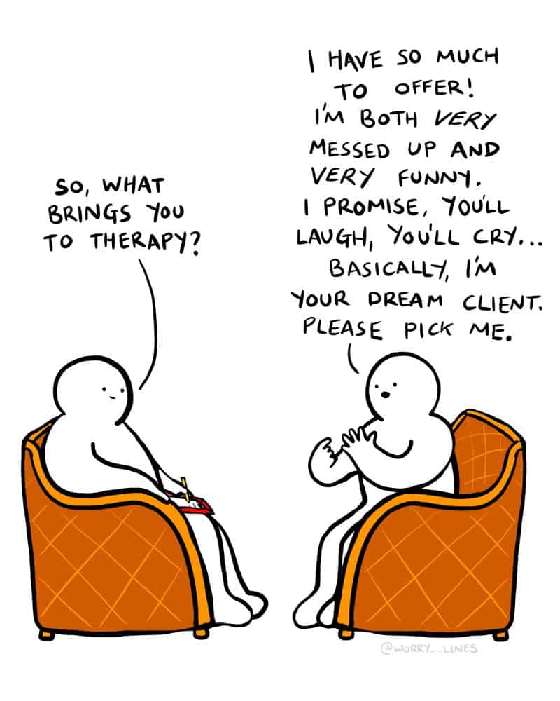 A funny and wholesome comic where a character gives a therapist an enthusiastic pitch to be their client.
