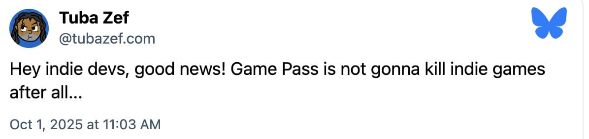 A sarcastic Xbox Game Pass meme suggesting the price hike is good news for indie developers because people will cancel Game Pass.