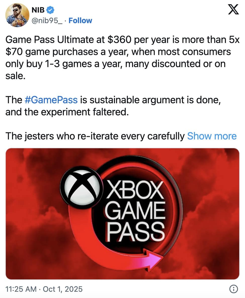An Xbox Game Pass meme tweet from an analyst arguing the "sustainable argument is done" for the service after the price hike.