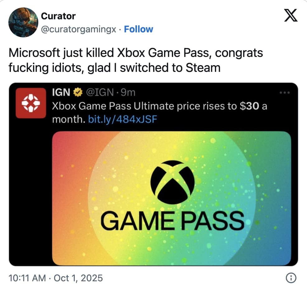 An angry Xbox Game Pass meme tweet reacting to the IGN announcement of the price hike, declaring the service dead
