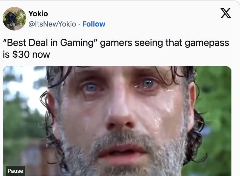 An Xbox Game Pass meme using a crying Rick Grimes from The Walking Dead to represent gamers seeing the new $30 price