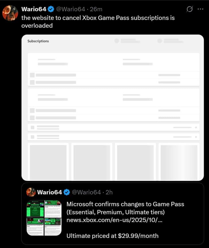 An Xbox Game Pass meme from Wario64 showing the price hike announcement, followed by news that the cancellation site is overloaded.