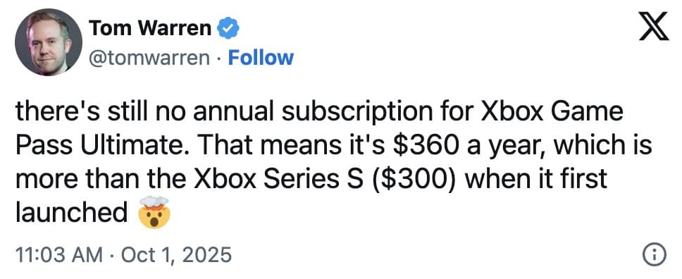 An Xbox Game Pass meme tweet putting the price hike in perspective by noting the annual cost is more than a Series S console at launch
