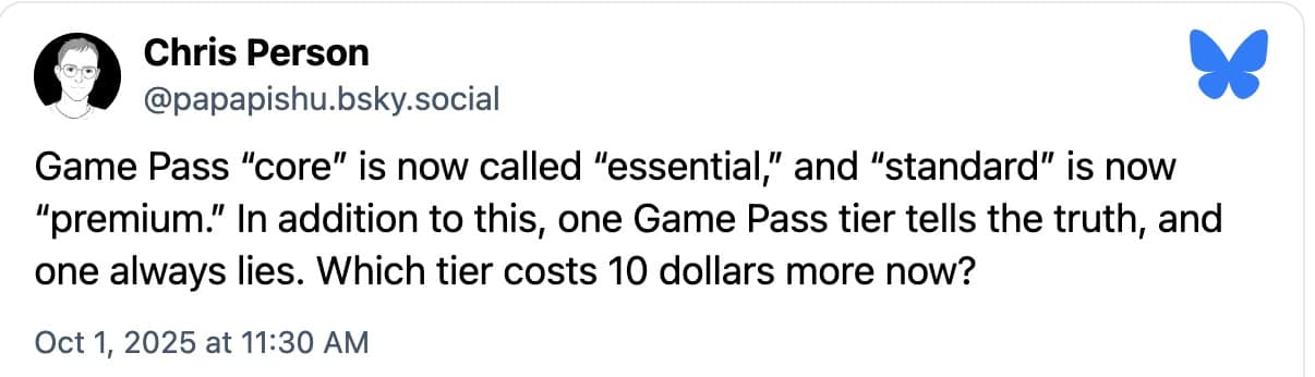 A clever Xbox Game Pass meme that turns the new, confusing subscription tier names into a classic logic riddle.