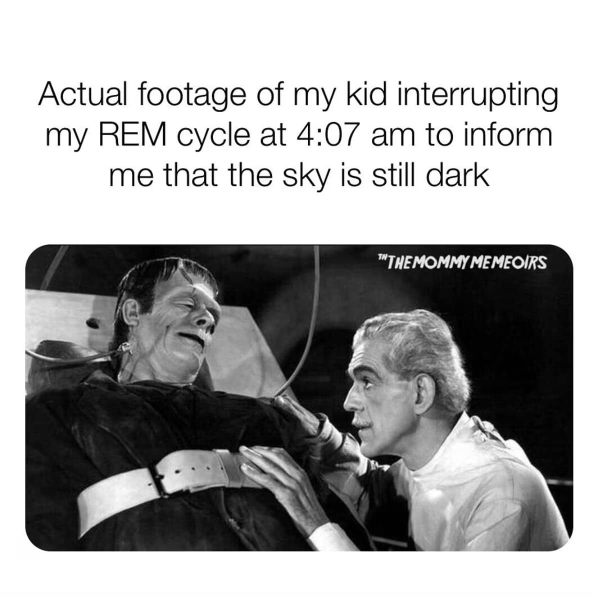 A funny 2025 daylight savings meme of Frankenstein's monster as a parent woken by their kid.