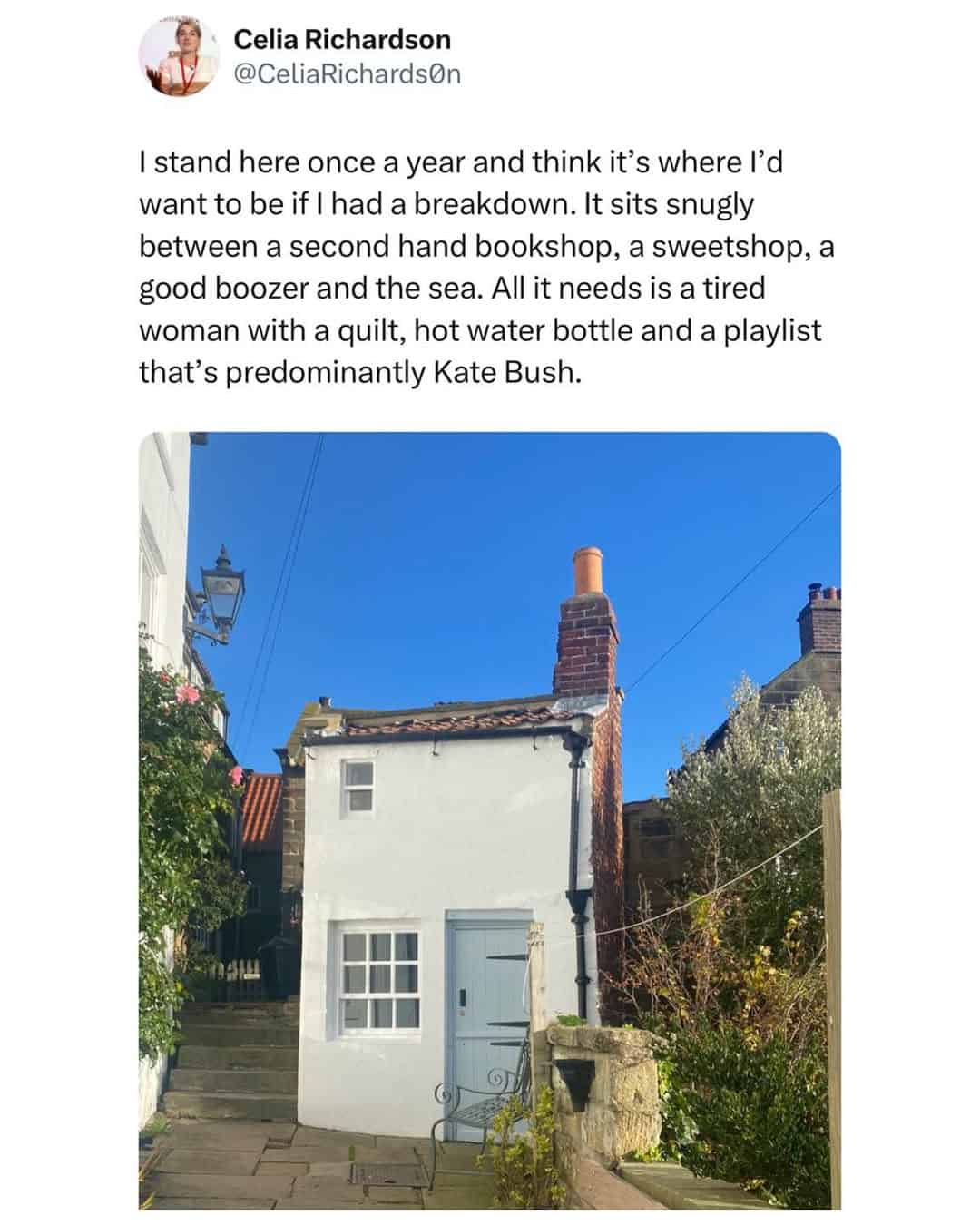 A British meme of a tiny white cottage, described in a funny British tweet as the perfect place for a breakdown.
