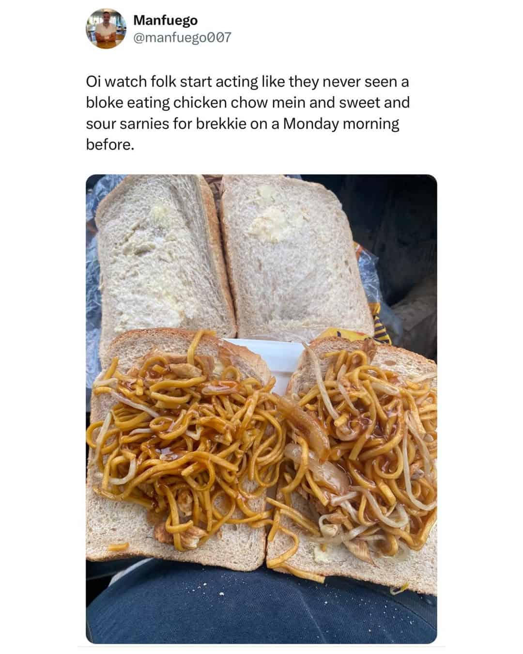 A funny British tweet defending the "chow mein sarnie," a noodle sandwich, as a British meme breakfast.
