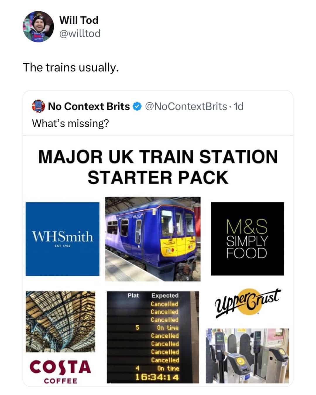 A funny British tweet and British meme starter pack, joking that all UK train stations have are Costa, WHSmith, and "cancelled" trains.
