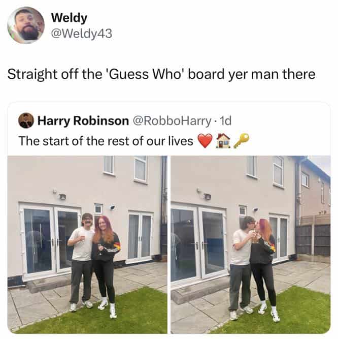A funny British tweet and British meme roasting a man with a mustache as looking "straight off the 'Guess Who' board."