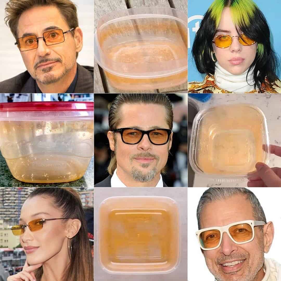 Celebrities in yellow-tinted glasses compared to orange-stained Tupperware containers in a funny lookalike meme.