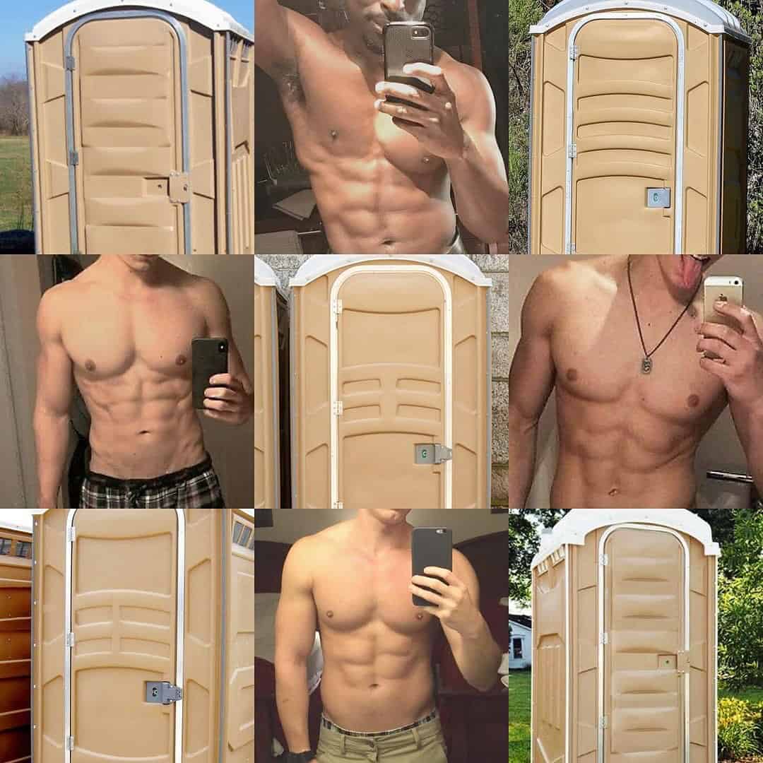 Men's six-pack abs in mirror selfies compared to the panels on a beige portable toilet.