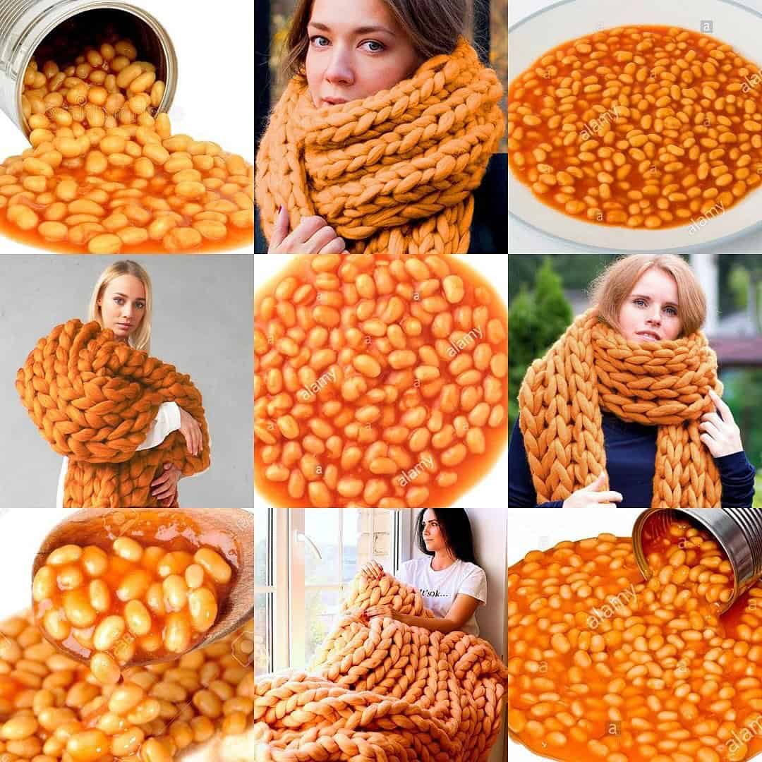 Women wearing chunky orange knit scarves look surprisingly similar to baked beans in a lookalike meme.