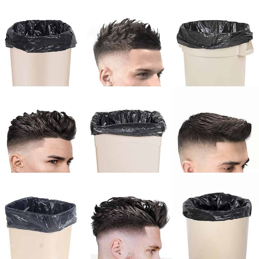 Men's spiky modern haircuts with fades compared to trash cans with black bags in a lookalike meme.