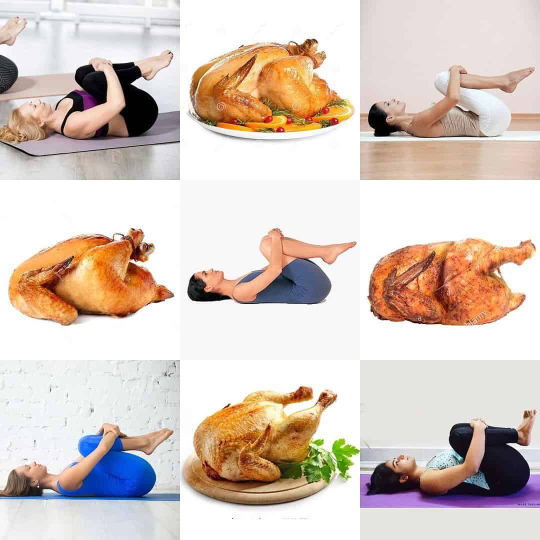 Women doing the knees-to-chest yoga pose compared to a fully cooked roast turkey in a lookalike meme.